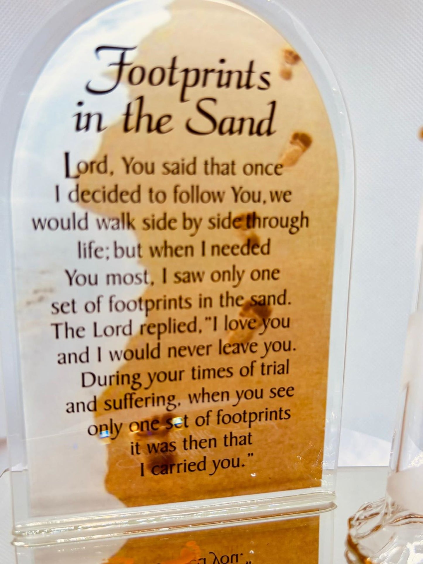 Footprints in the Sand Plaque Inspirational Glass Gift with Crystals