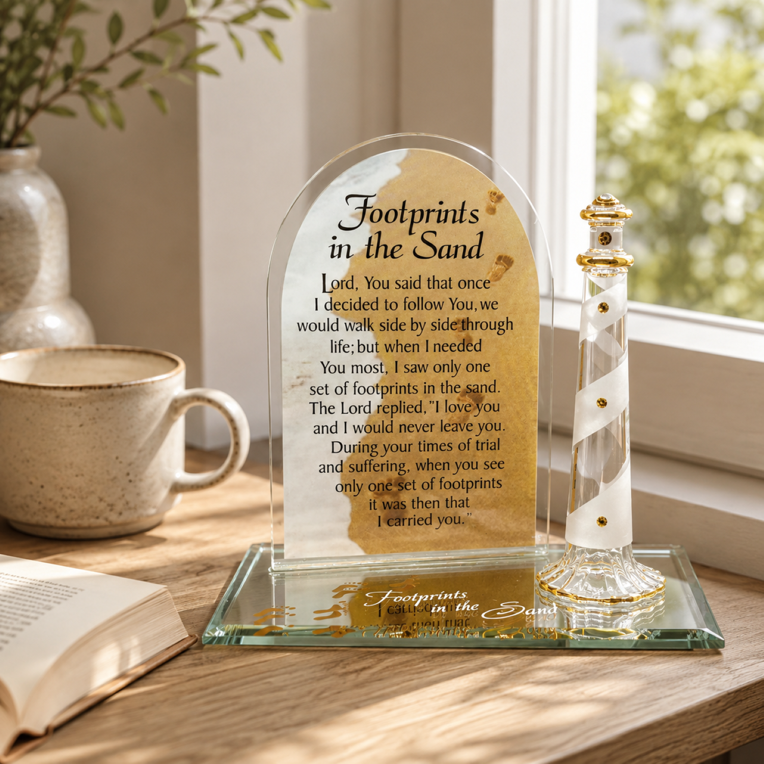 Handcrafted Footprints in the Sand Christian plaque with lighthouse on mirrored glass base