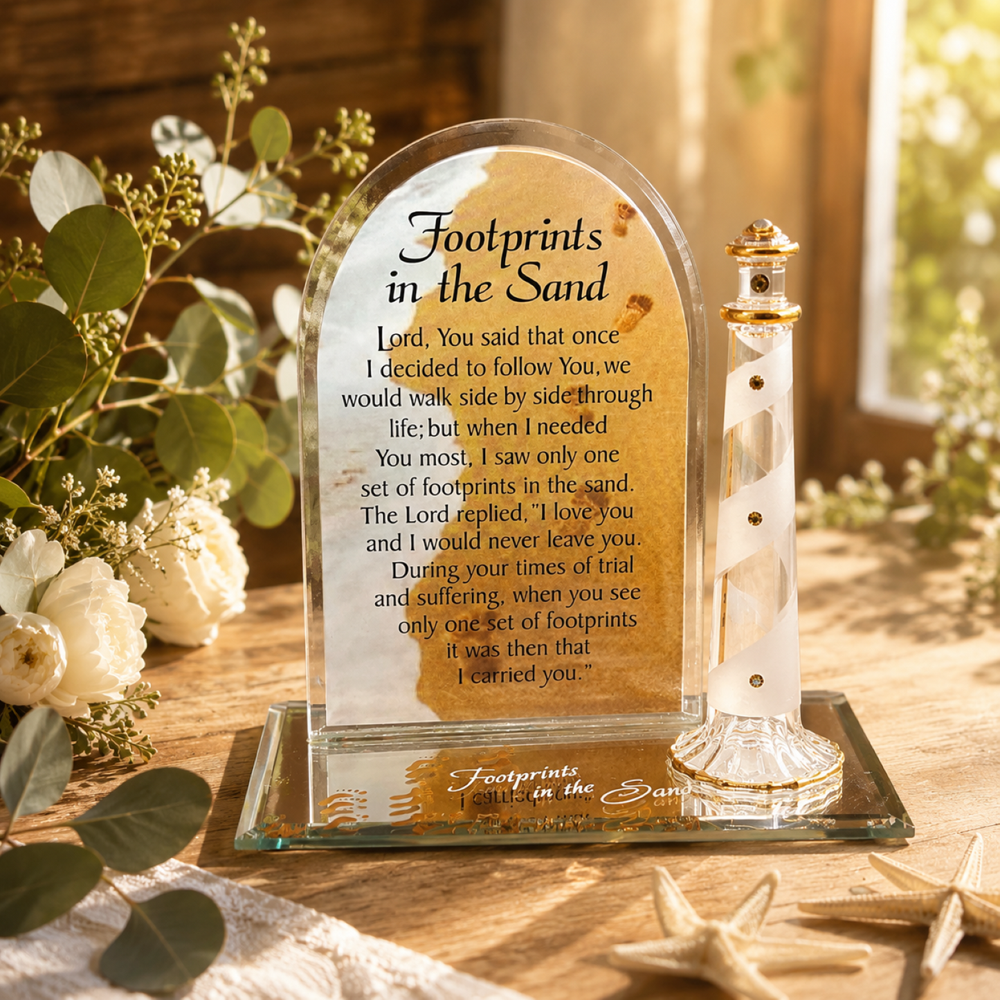 Footprints in the Sand Plaque with Lighthouse | Inspirational Christian Faith Gift
