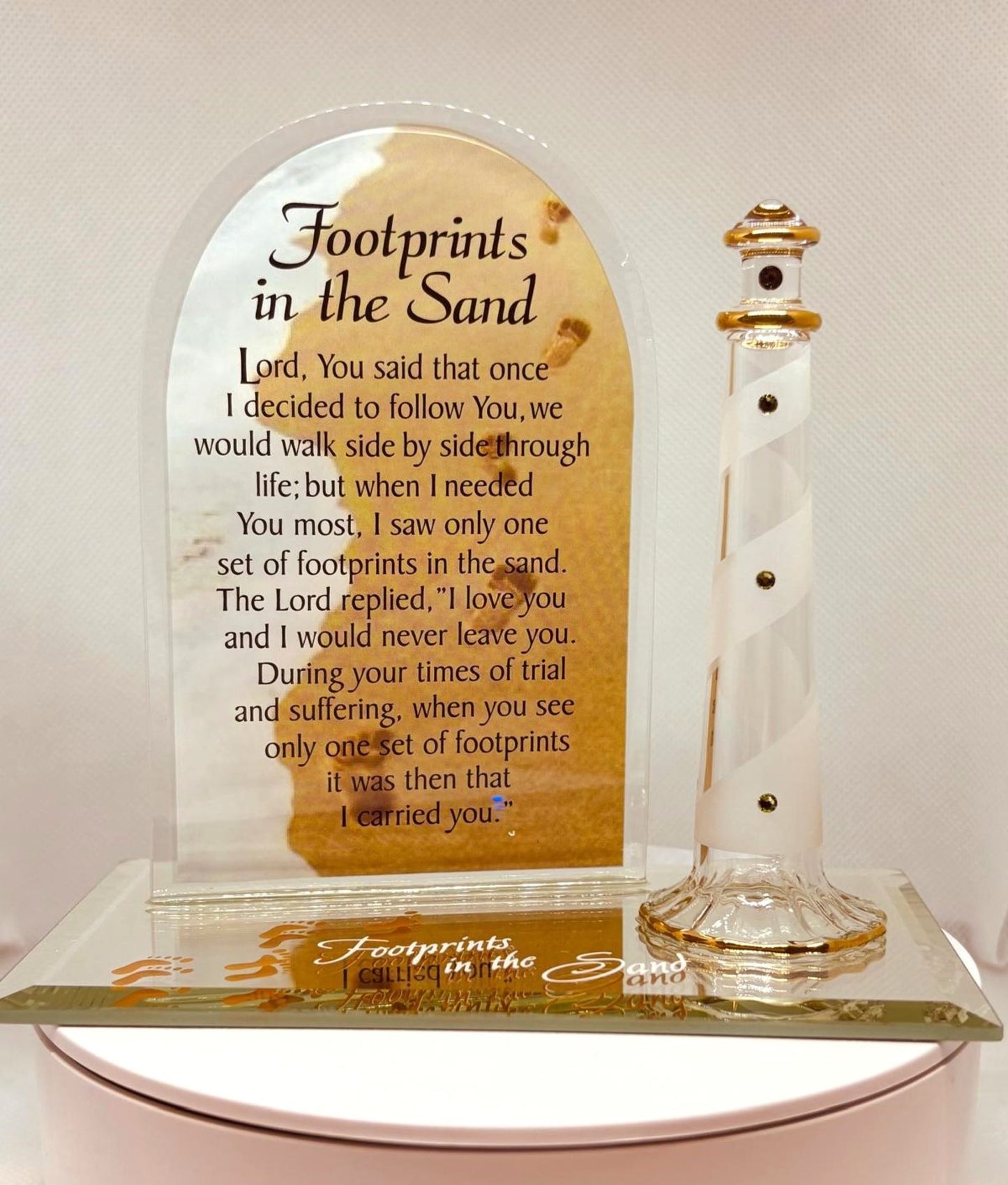 Footprints in the Sand Plaque Inspirational Glass Gift with Crystals