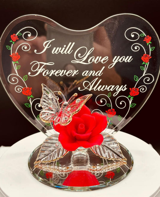 “I Love You Always” Butterfly & Red Rose Figurine | Glass Romantic Gift