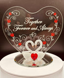 Handcrafted glass swan couple figurine with red crystal heart on mirror base and heart back plate