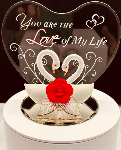 Handcrafted glass swan couple figurine with rose on beveled mirror and heart back plate