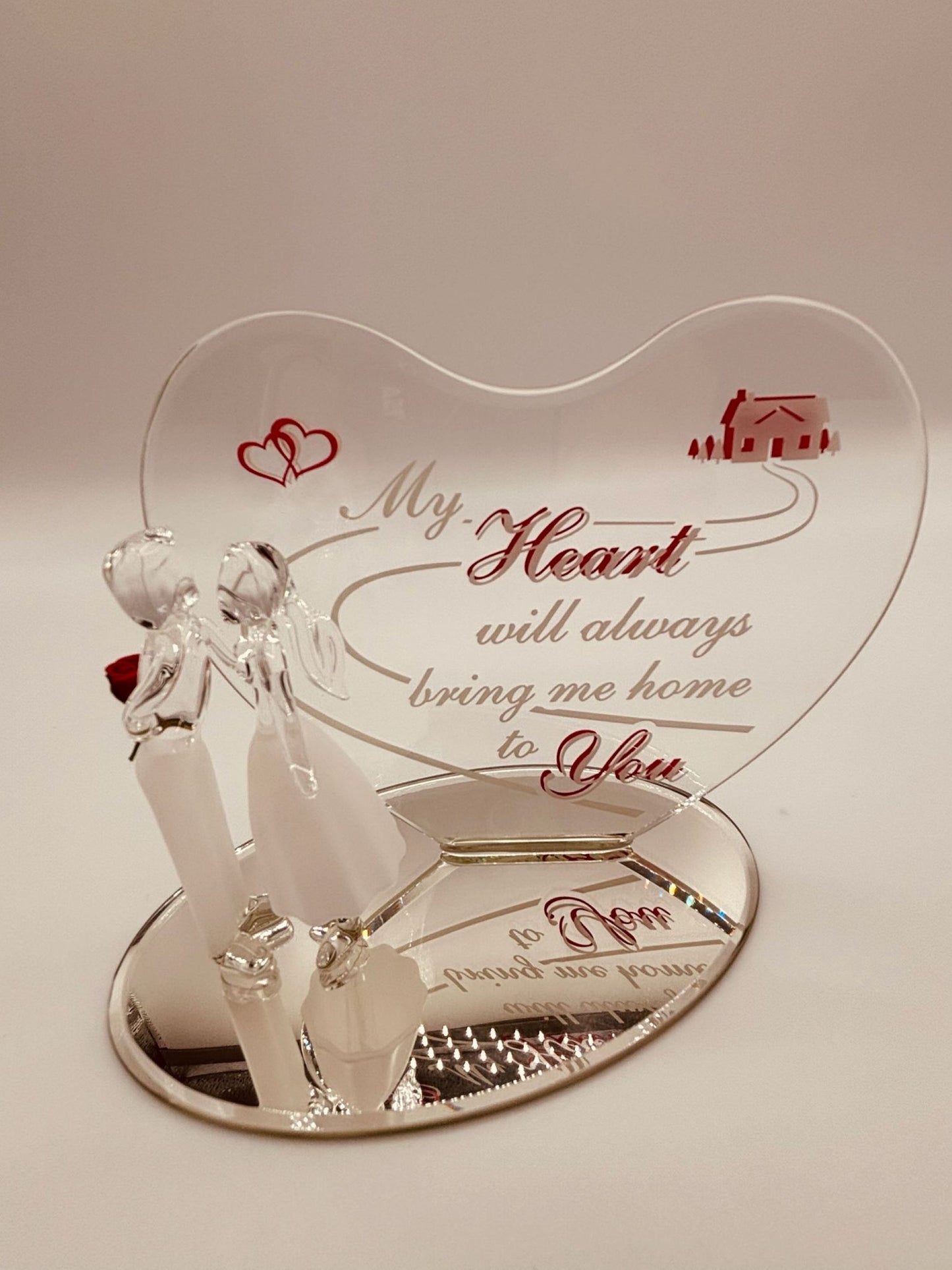 Romantic Couple Glass Figurine with Heart Plaque | Anniversary Gift