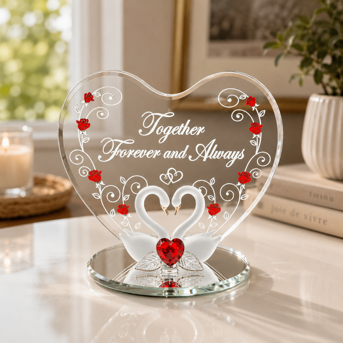 Handcrafted pair of swan glass figurines with red crystal heart on a beveled mirror base and heart-shaped back plate embossed with Together Forever and Always.