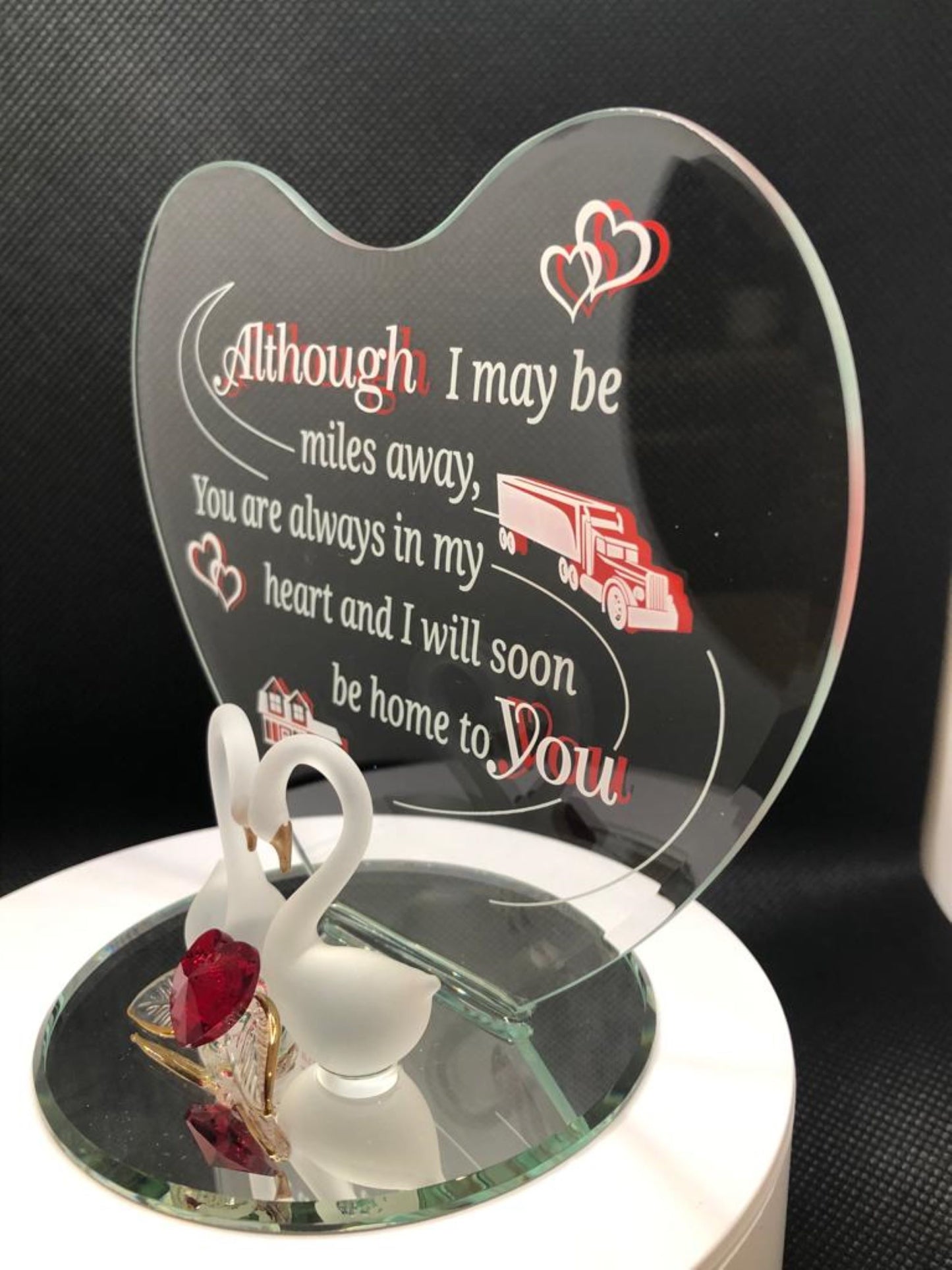 Home To You Trucker Gift Figurine Handcrafted Swan Heart Glass Figurine