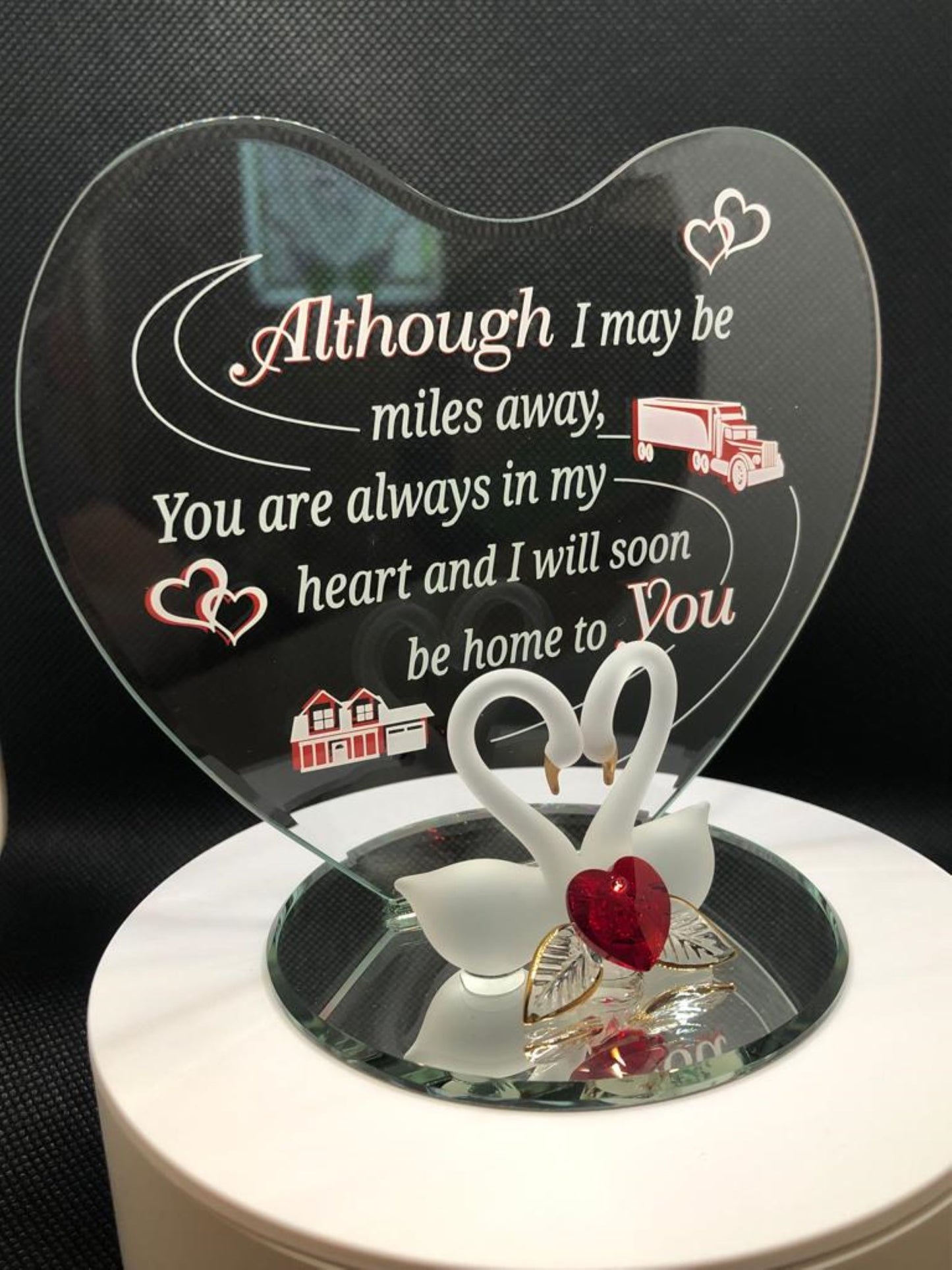 Home To You Trucker Gift Figurine Handcrafted Swan Heart Glass Figurine