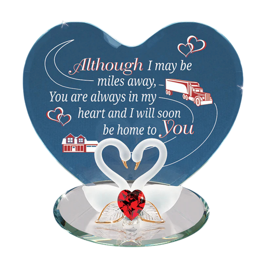 Handcrafted glass swan figurine with crystal heart and Home To You message for truck driver gift