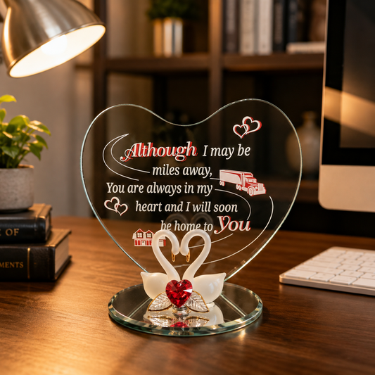 Handcrafted glass swan figurine with a genuine crystal red heart and heart-shaped message plaque for truck drivers on a beveled mirror base.