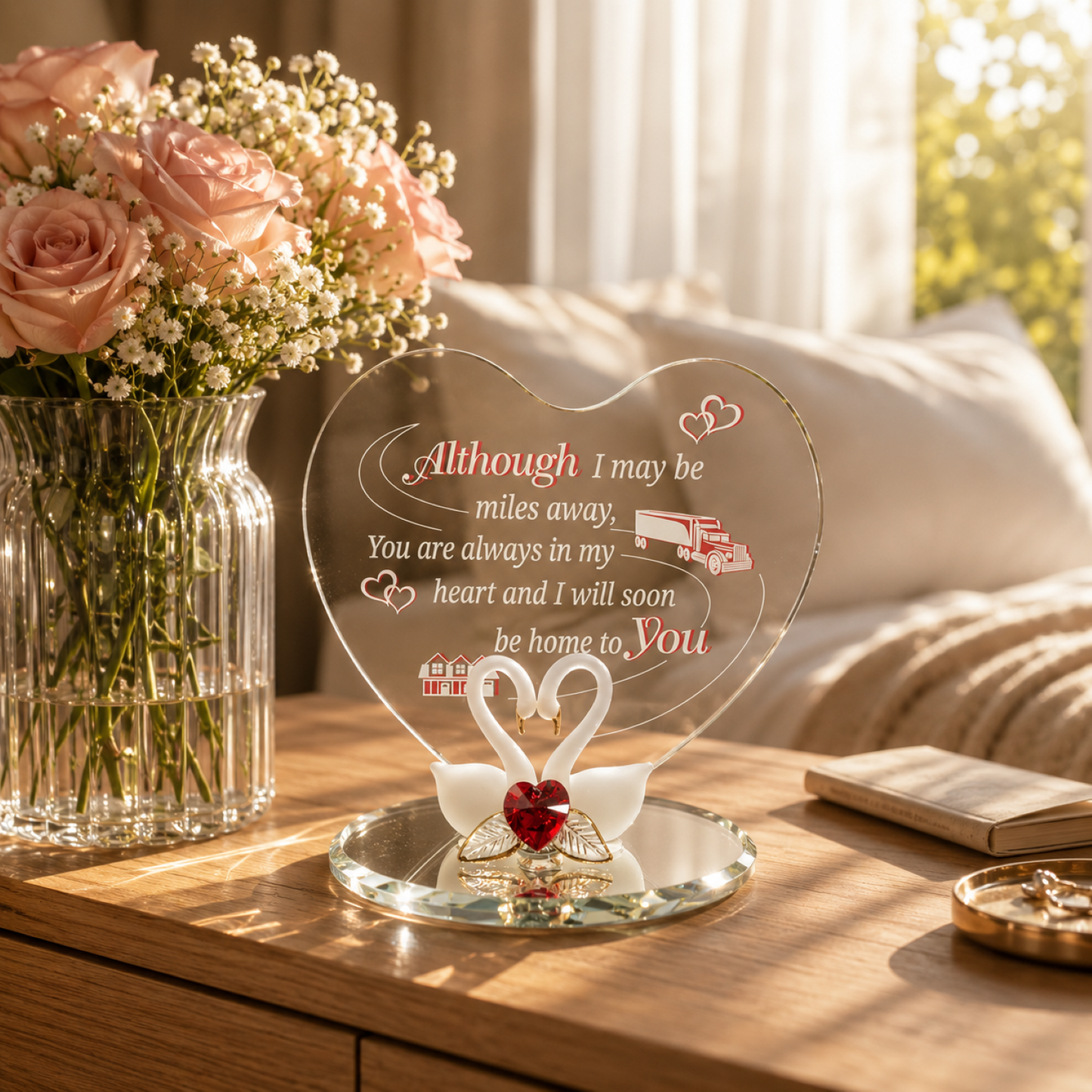 Handcrafted Glass Trucker Gift Figurine – Long Distance Love Gift, Trucker Wife Gift, Swan Decor