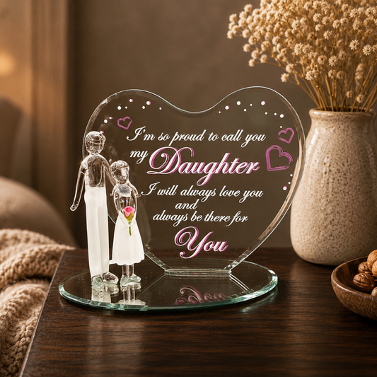 Handcrafted father and daughter glass figurine holding a rose on a beveled mirror base with heart-shaped message panel expressing love for a daughter.