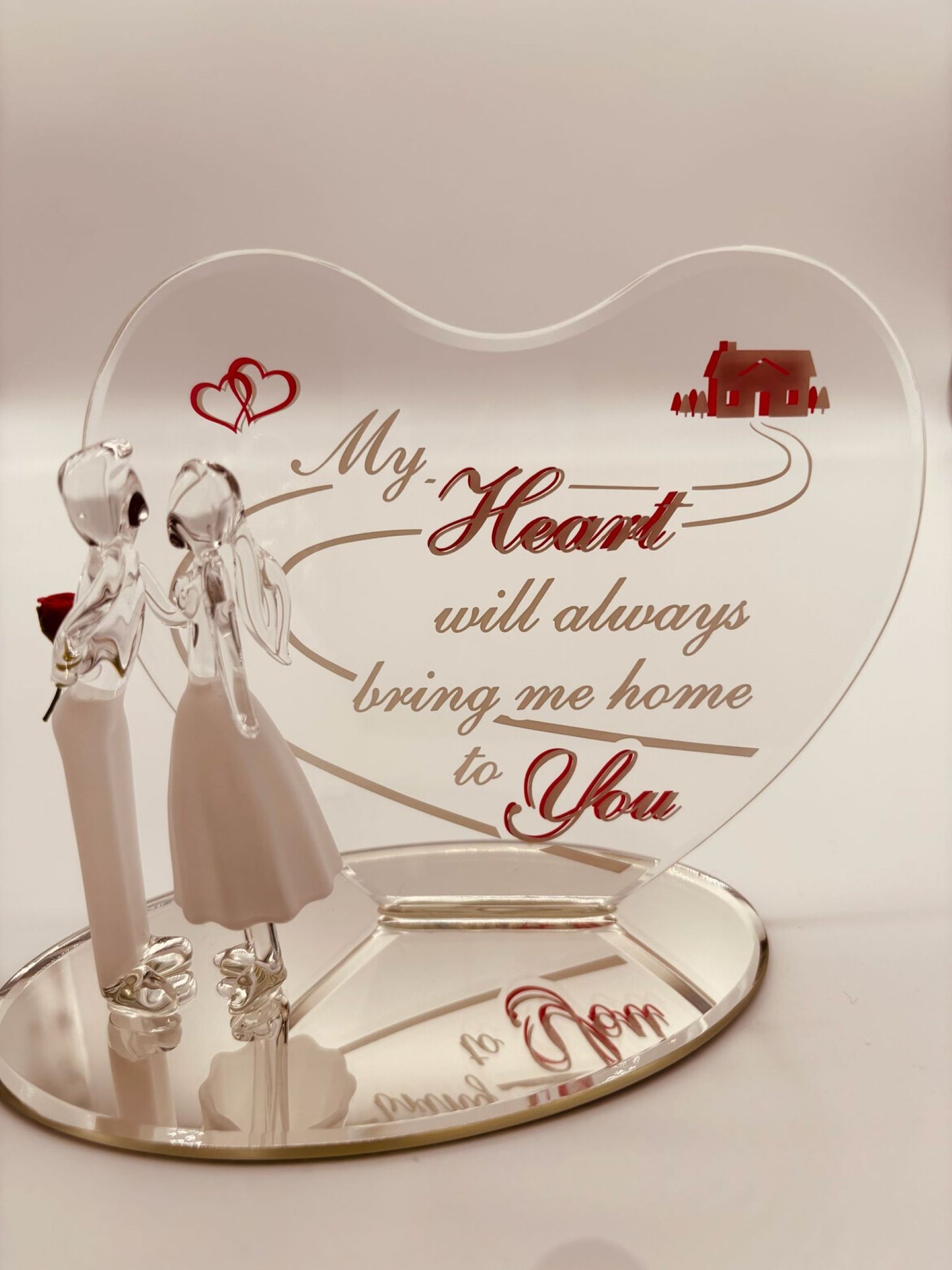 Romantic Couple Glass Figurine with Heart Plaque | Anniversary Gift