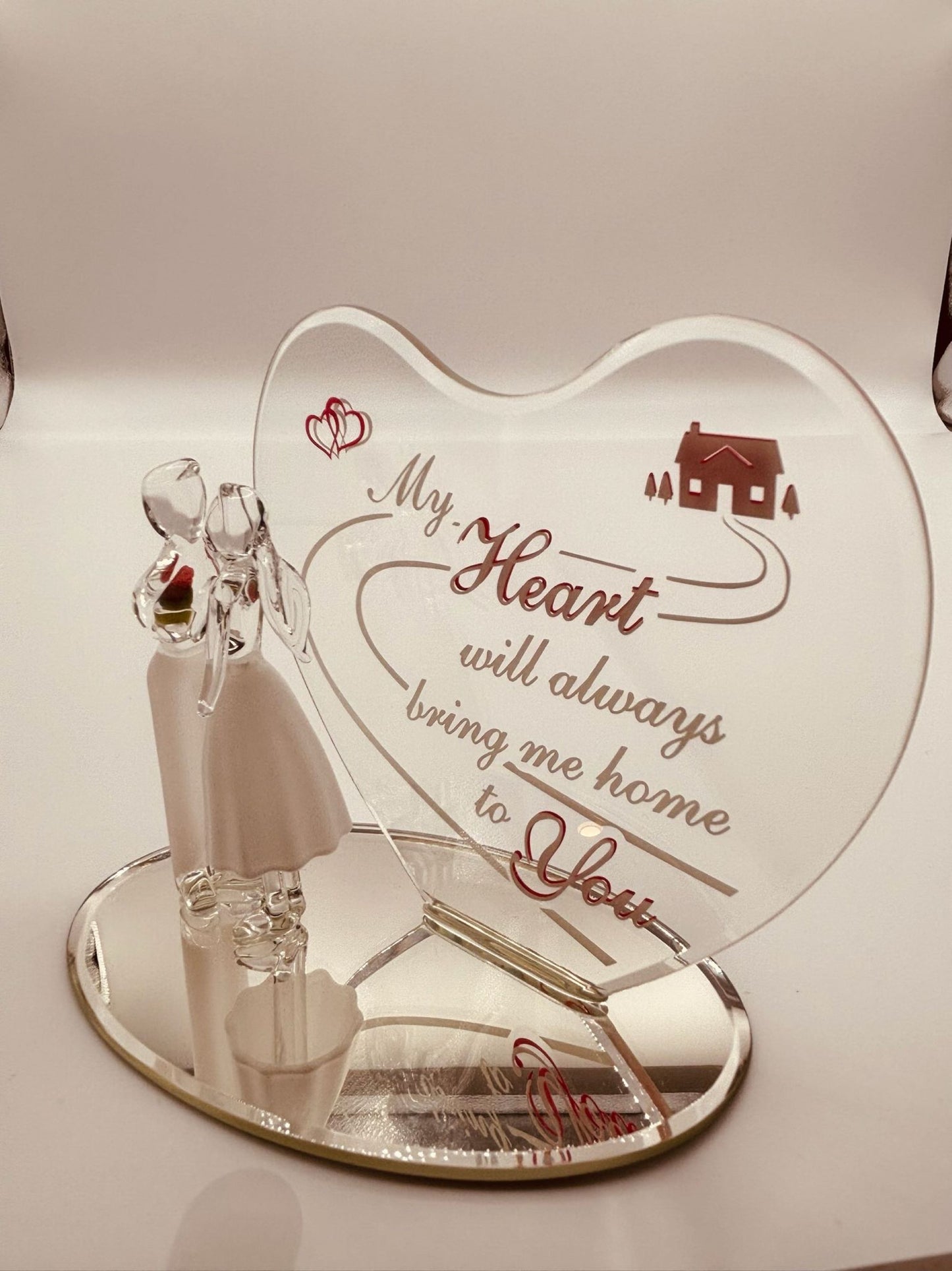 Romantic Couple Glass Figurine with Heart Plaque | Anniversary Gift