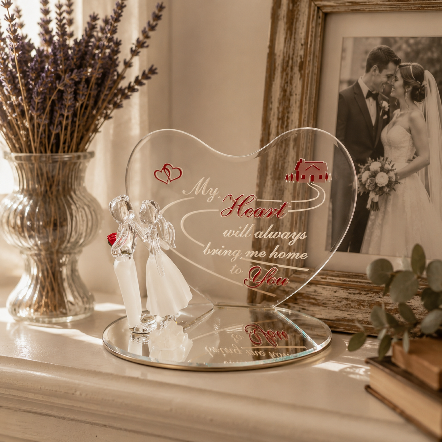 Romantic Couple Glass Figurine with Heart Plaque | Anniversary Gift