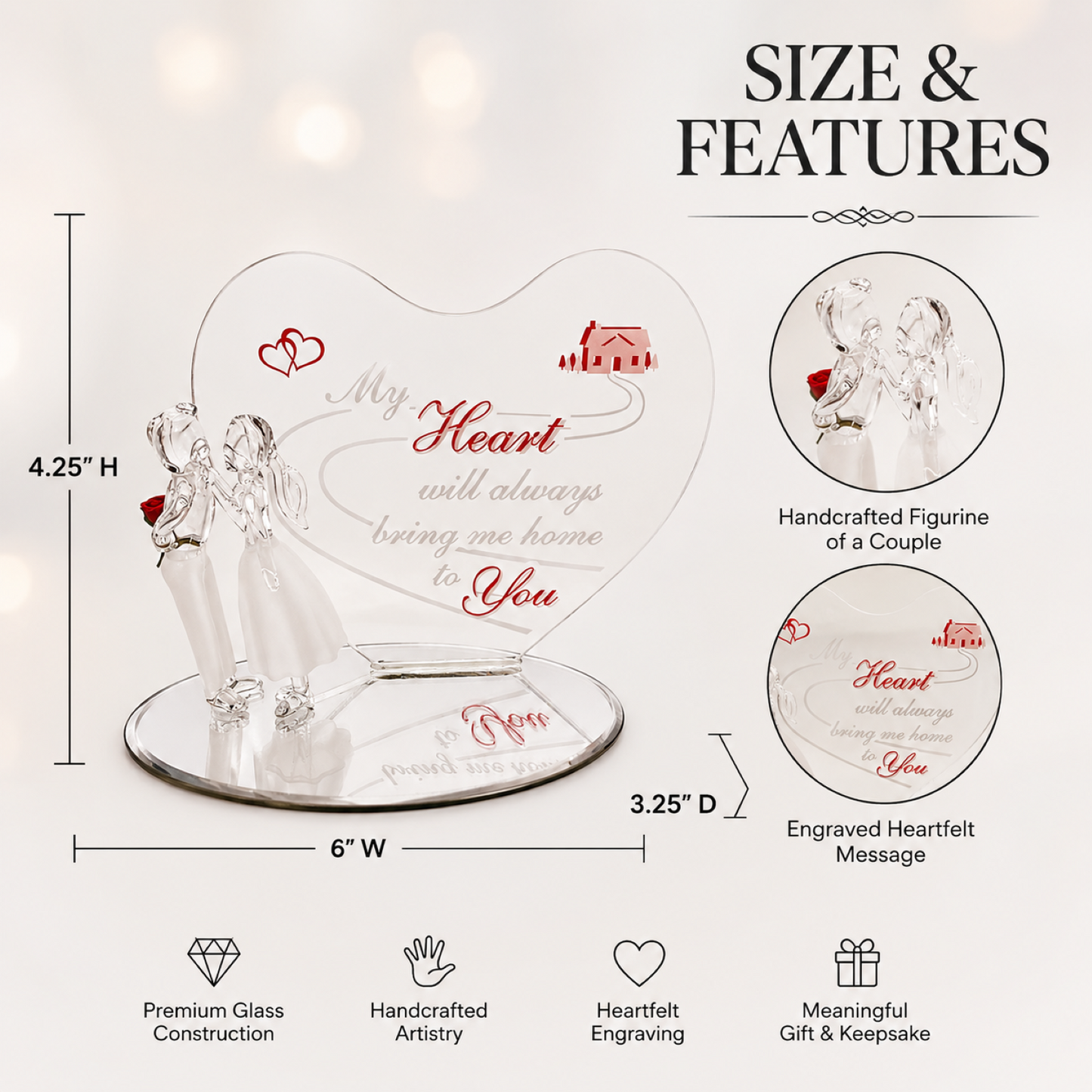 Romantic Couple Glass Figurine with Heart Plaque | Anniversary Gift