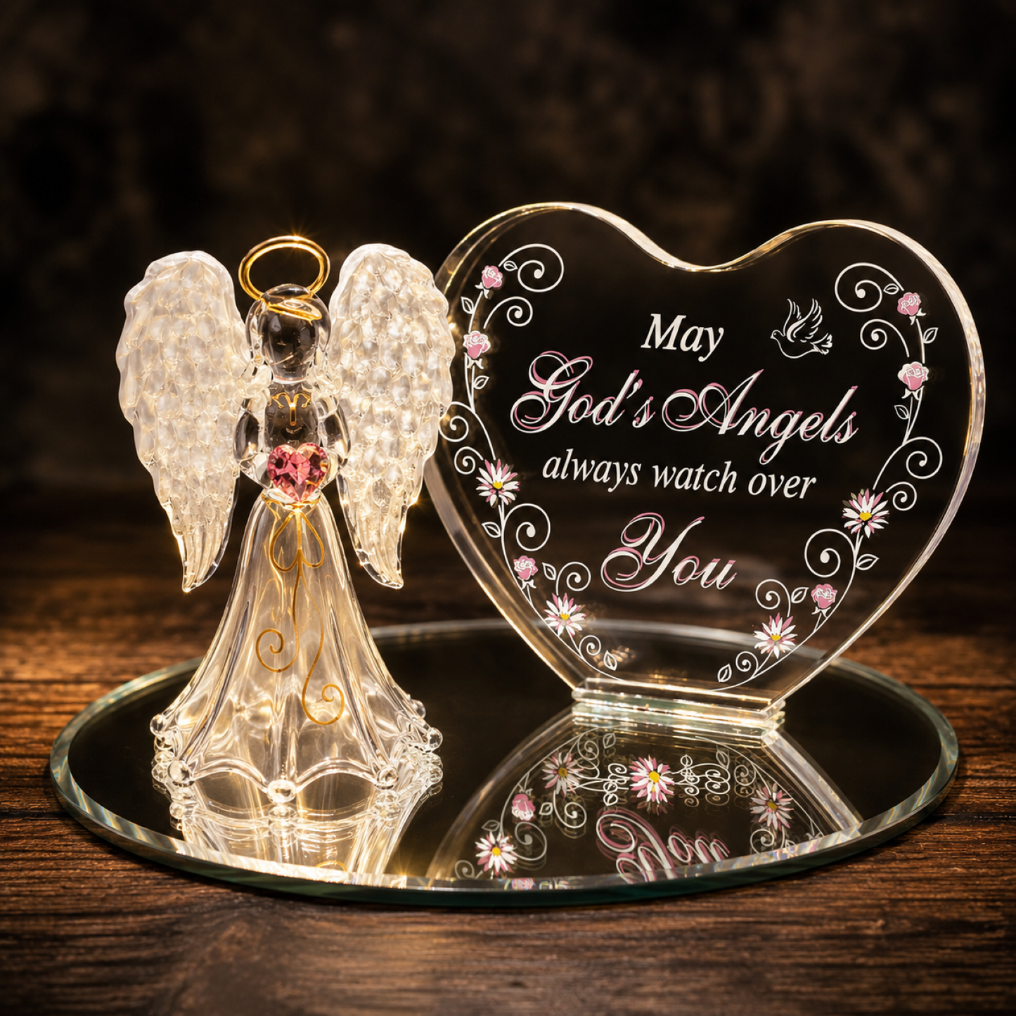 Glass Angel Figurine with Crystal Heart, Christian Religious Gift, Angel Home Decor