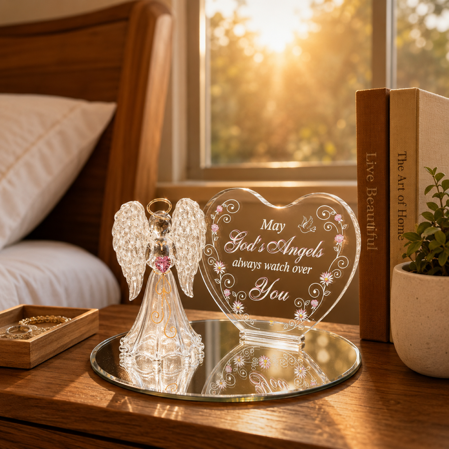 Glass Angel Figurine with Crystal Heart, Christian Religious Gift, Angel Home Decor