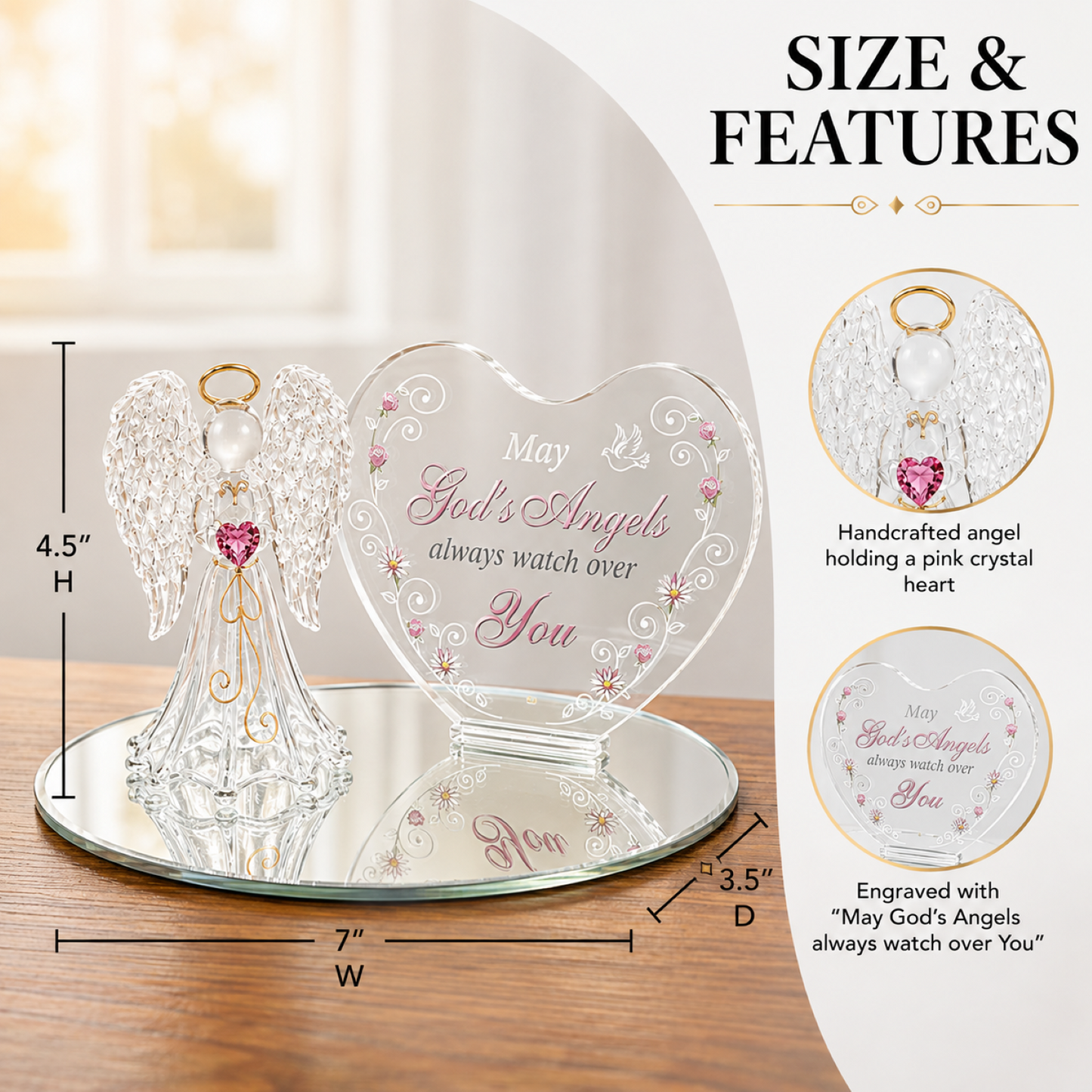 Glass Angel Figurine with Crystal Heart, Christian Religious Gift, Angel Home Decor