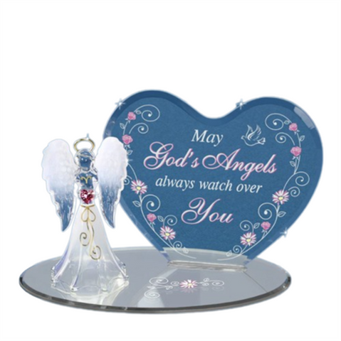 Angel figurine with pink crystal heart and heart-shaped blessing backplate