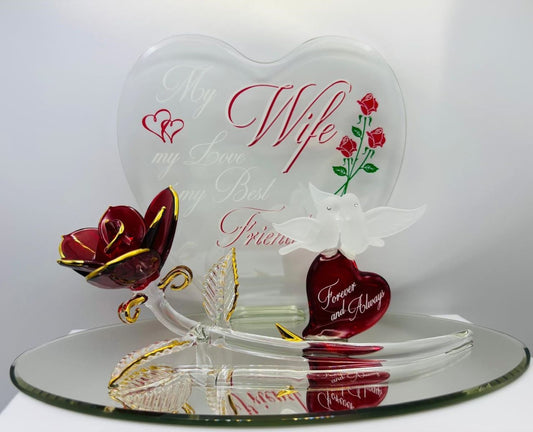 Rose with Doves “My Wife” Glass Figurine Romantic Anniversary Gift