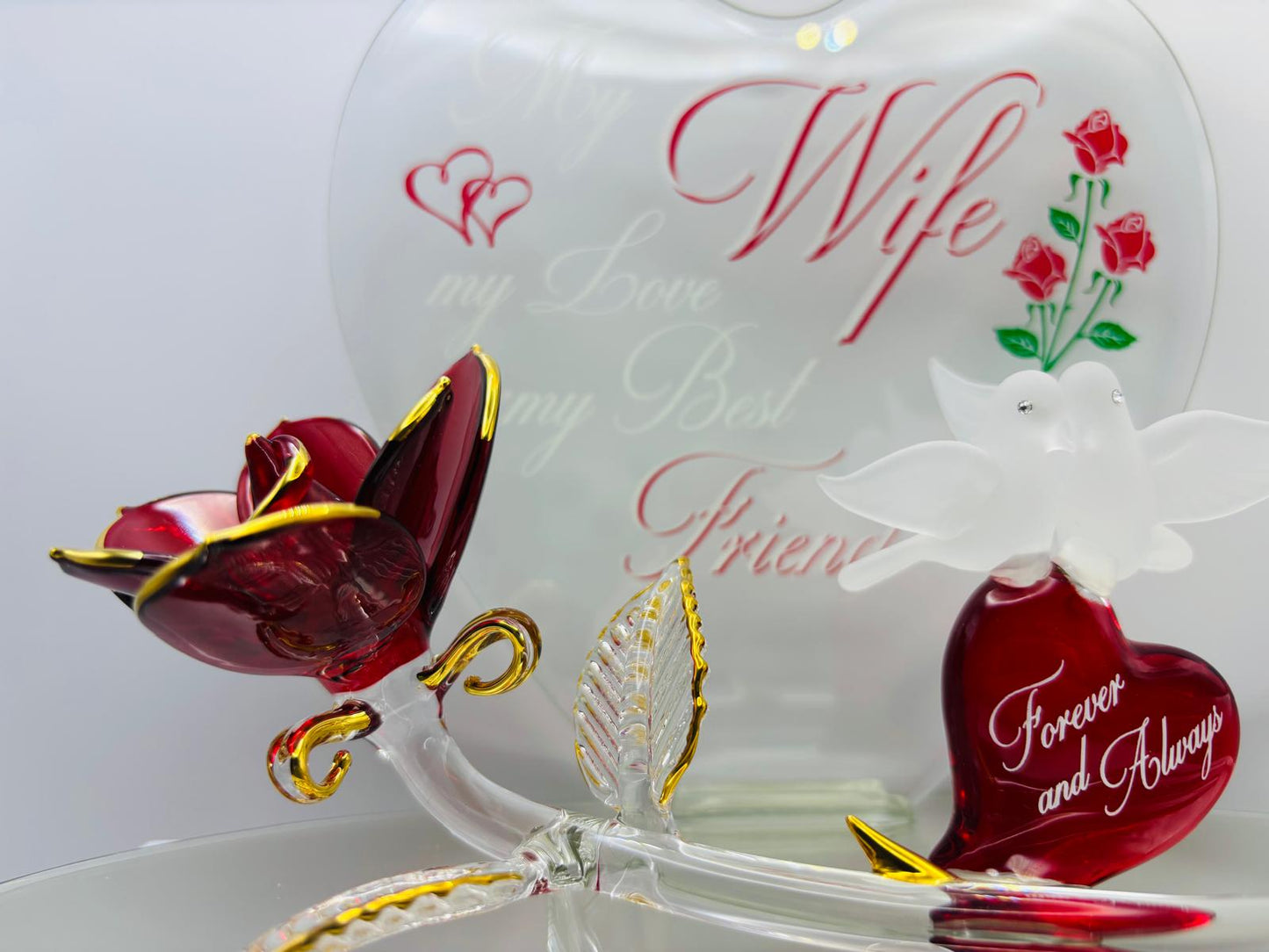 Rose with Doves “My Wife” Glass Figurine Romantic Anniversary Gift