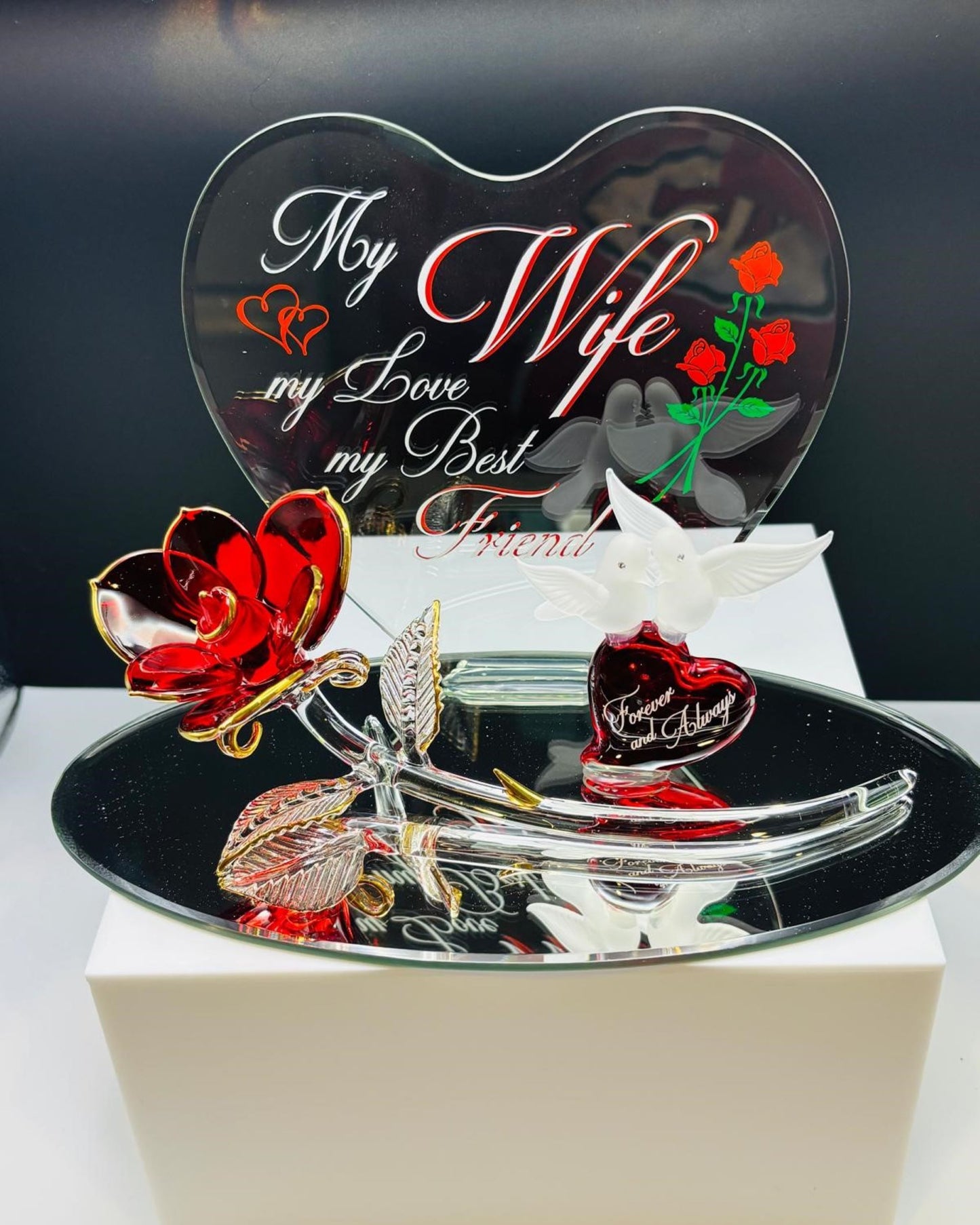 Rose with Doves “My Wife” Glass Figurine Romantic Anniversary Gift