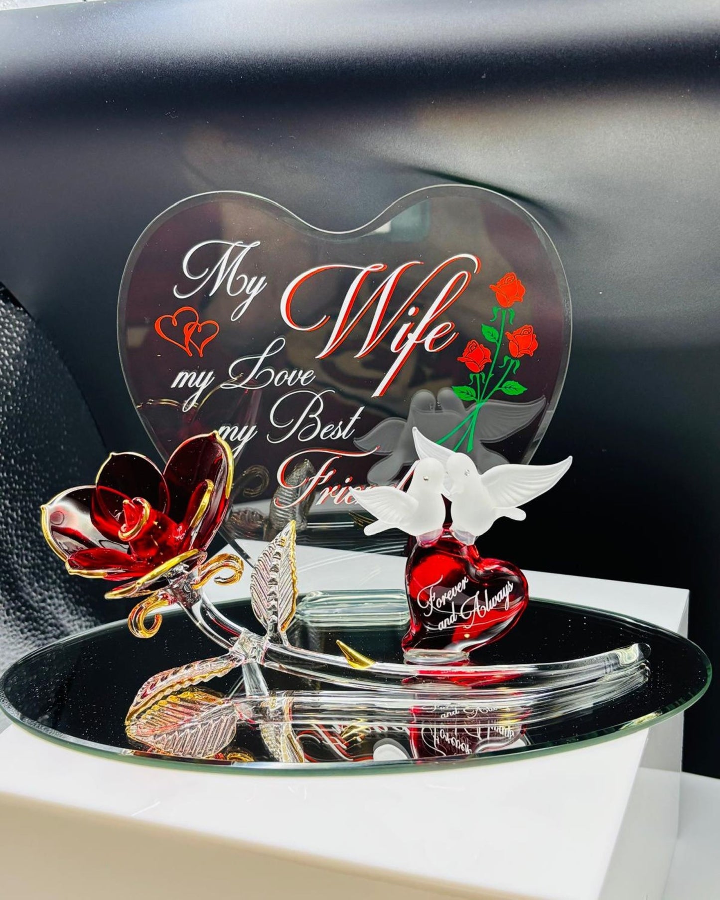 Rose with Doves “My Wife” Glass Figurine Romantic Anniversary Gift