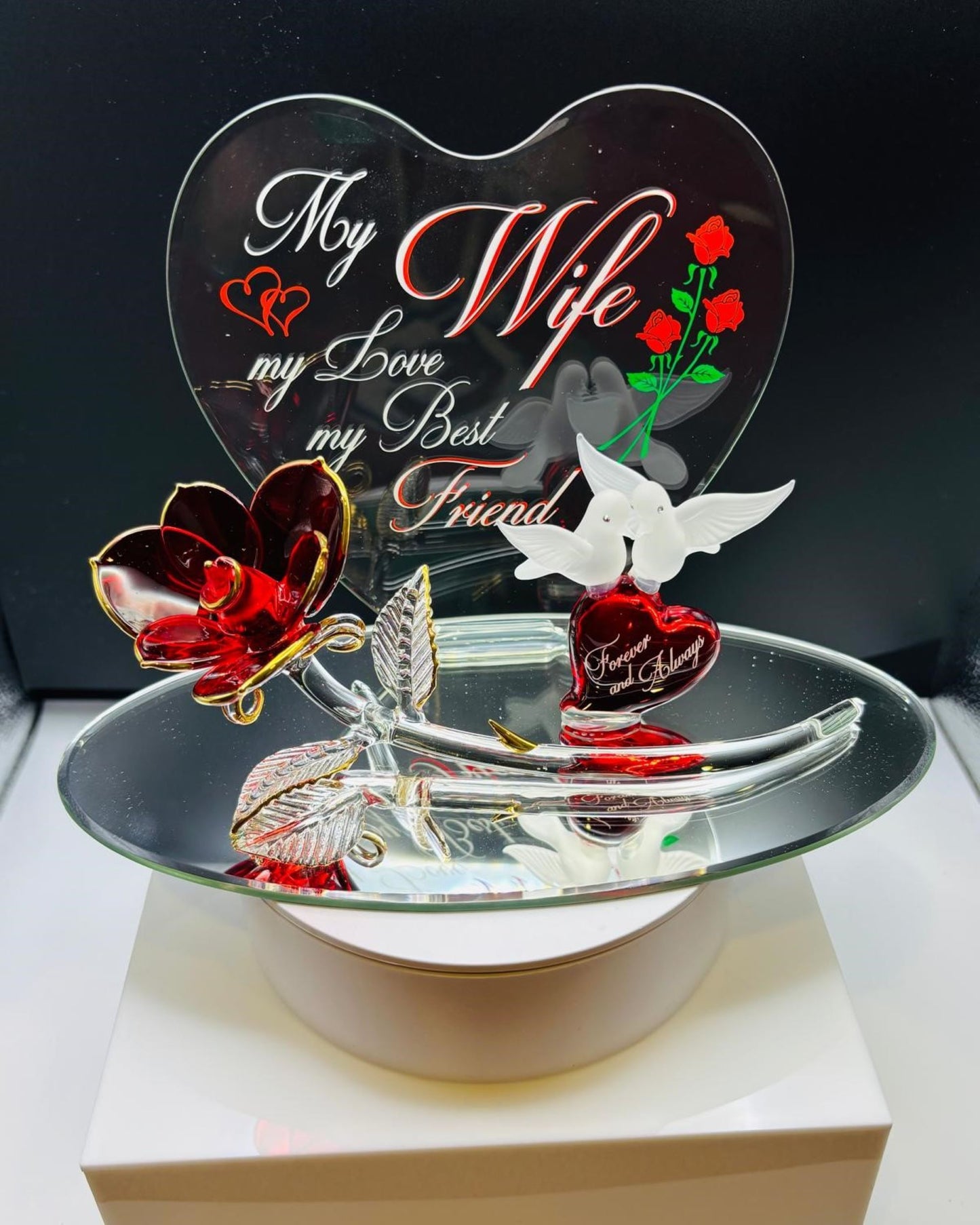Rose with Doves “My Wife” Glass Figurine Romantic Anniversary Gift