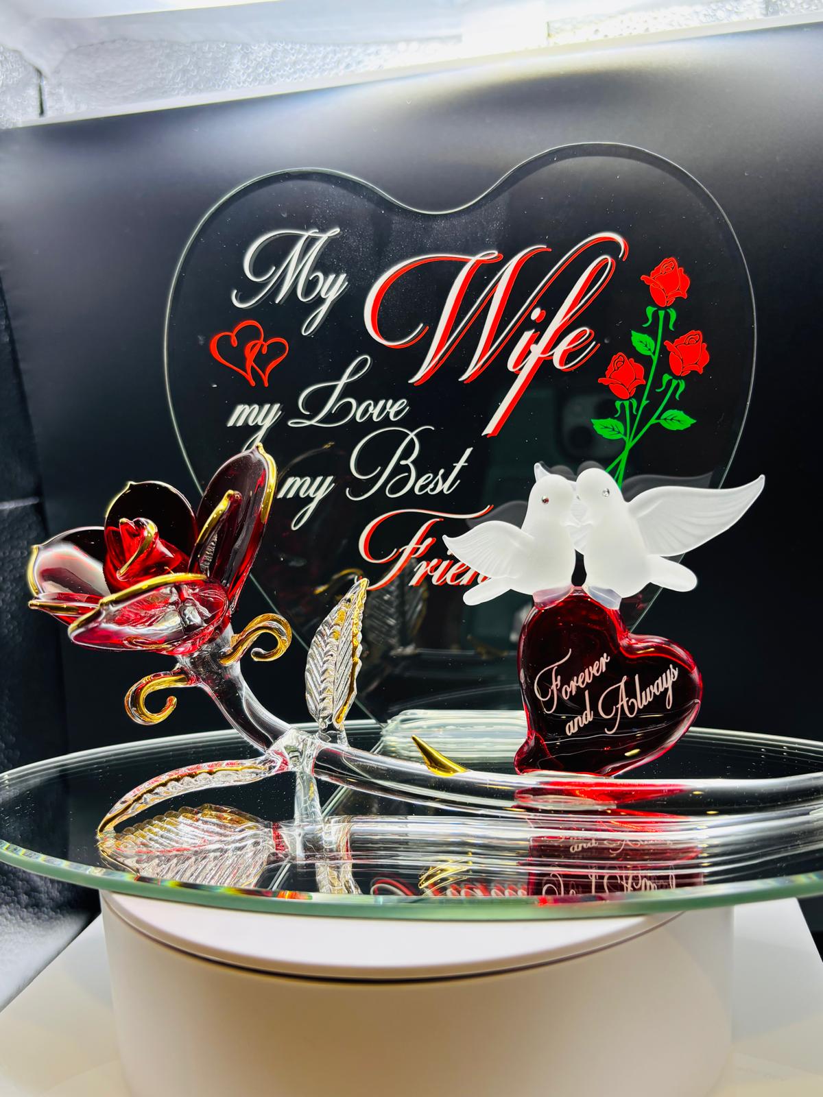 Rose with Doves “My Wife” Glass Figurine Romantic Anniversary Gift