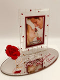 Handcrafted rose photo frame figurine with glass rose on mirrored base and heart accents