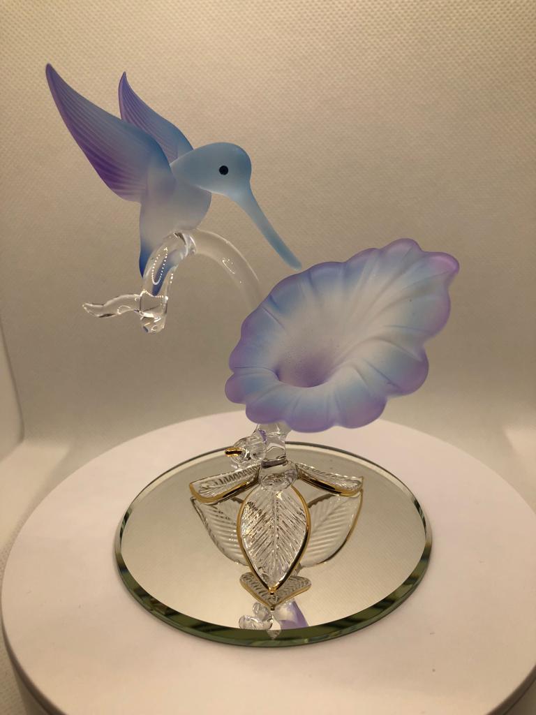 Glass Hummingbird Figurine, Handmade Bird Blue Flower, Hummingbird Statue, Home Garden Decor, Gift for Bird Lover, Christmas Gift