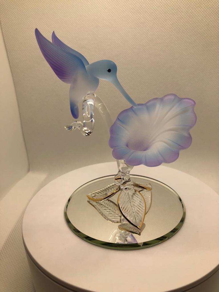 Glass Hummingbird Figurine, Handmade Bird Blue Flower, Hummingbird Statue, Home Garden Decor, Gift for Bird Lover, Christmas Gift