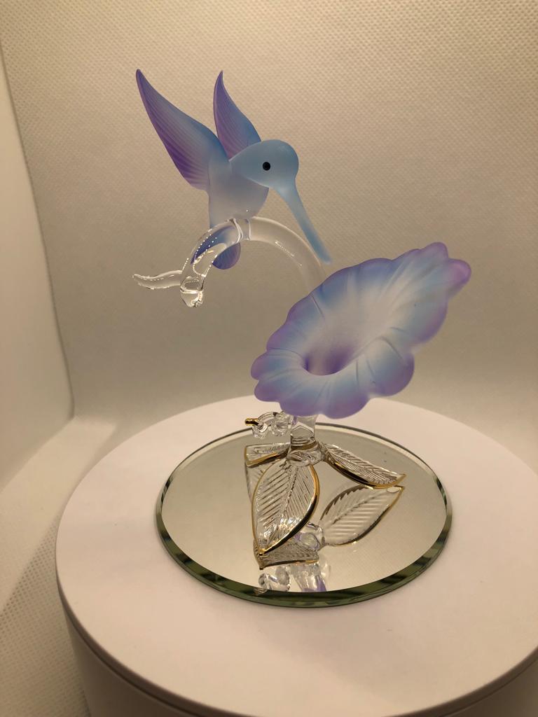 Glass Hummingbird Figurine, Handmade Bird Blue Flower, Hummingbird Statue, Home Garden Decor, Gift for Bird Lover, Christmas Gift