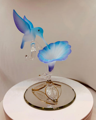Handcrafted Hummingbird on Blue Flower Figurine Glass Collectible Nature Decor