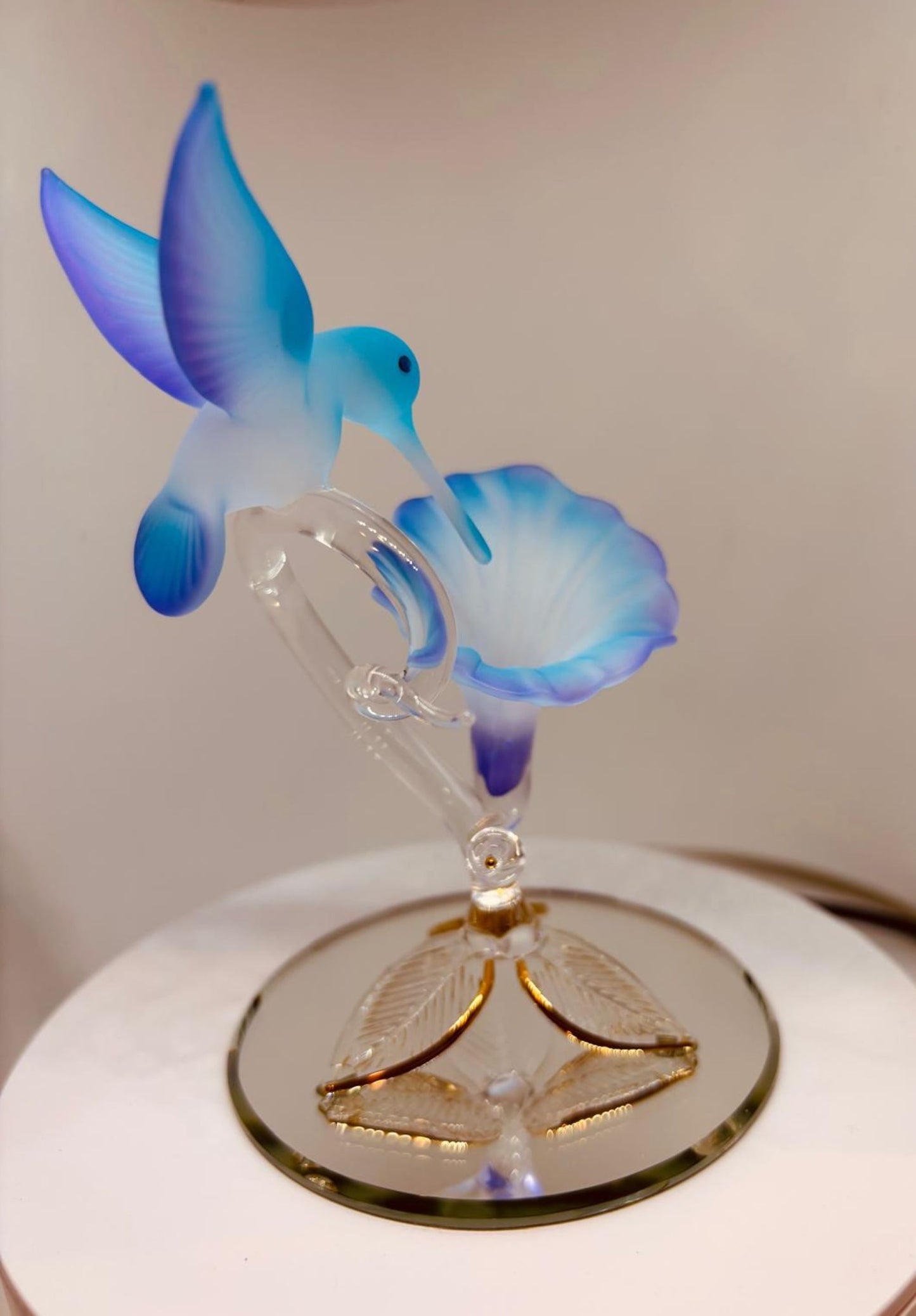 Handcrafted Hummingbird on Blue Flower Figurine Glass Collectible Nature Decor