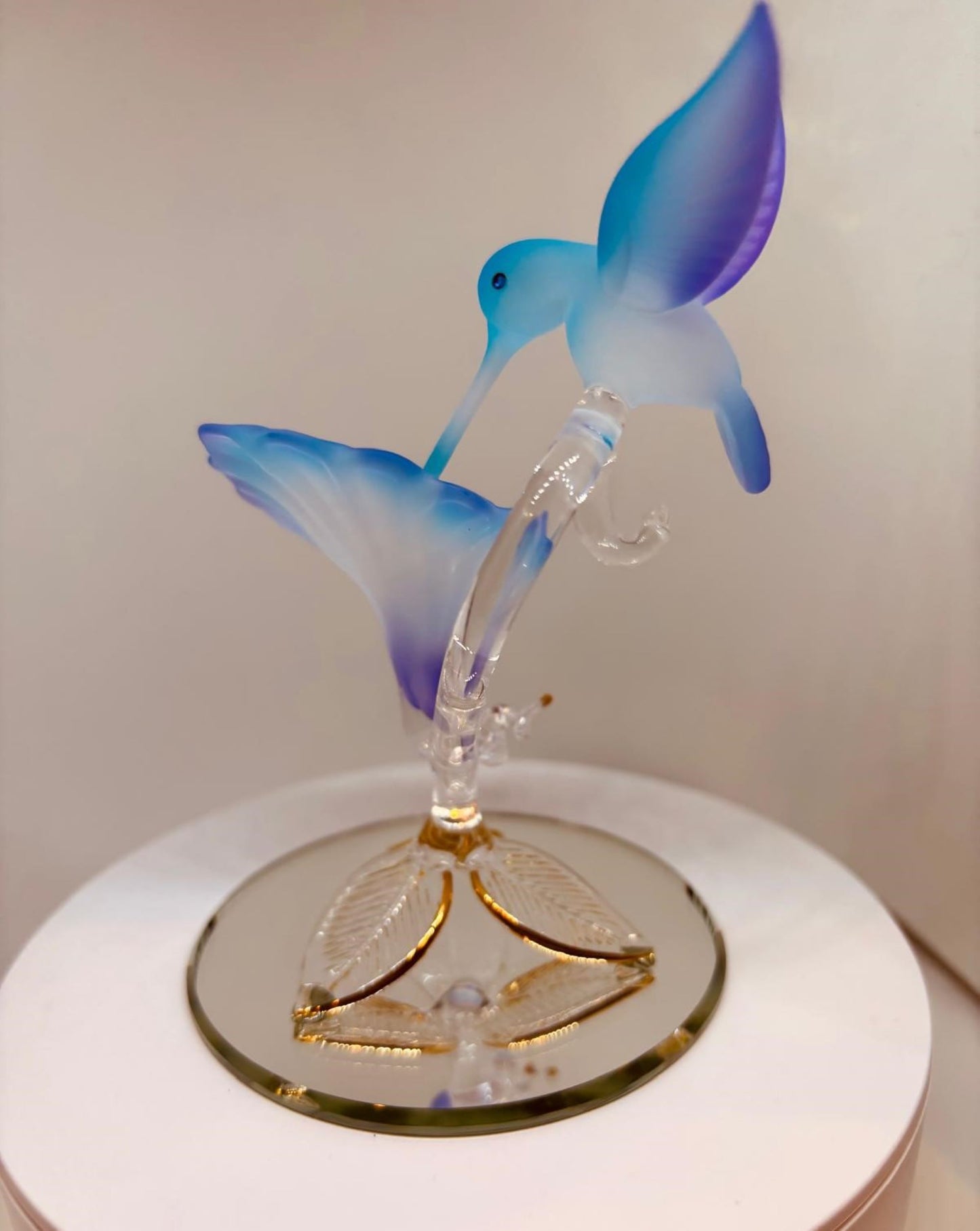 Handcrafted Hummingbird on Blue Flower Figurine Glass Collectible Nature Decor