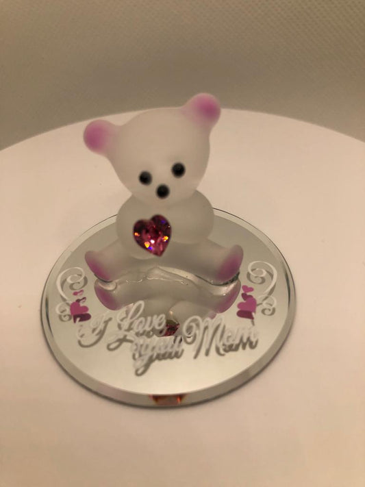 Pink Bear I Love You Mom, Bear Glass Figurine, Keepsake Gift, Home Decor, Glass Bear Decoration, Gift for Mom