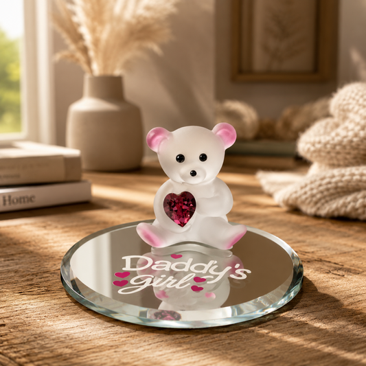 Handcrafted frosted glass teddy bear figurine holding a heart crystal on a beveled mirror base with Daddy's Girl sentiment.