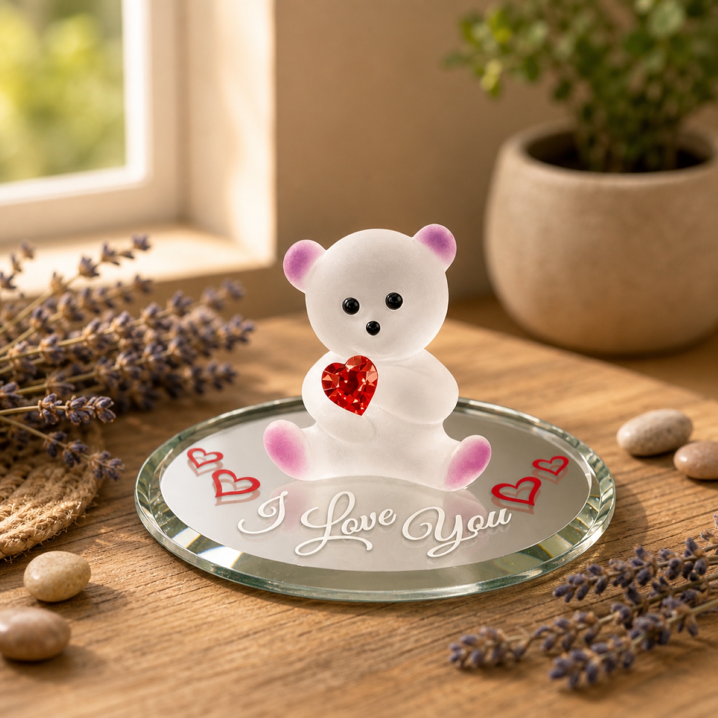 I Love You Teddy Bear Figurine | Crystal Heart Gift Valentine Anniversary Decor