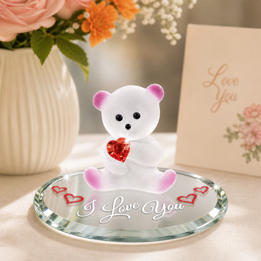 Handcrafted teddy bear figurine holding crystal heart on beveled glass mirror with I Love You message