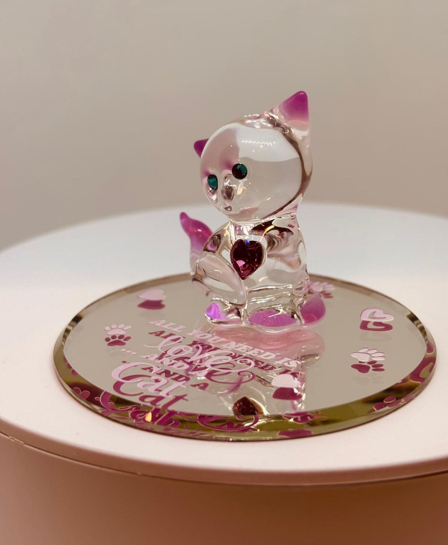 Love and a Cat Figurine Handcrafted Pink Cat with Heart Crystal