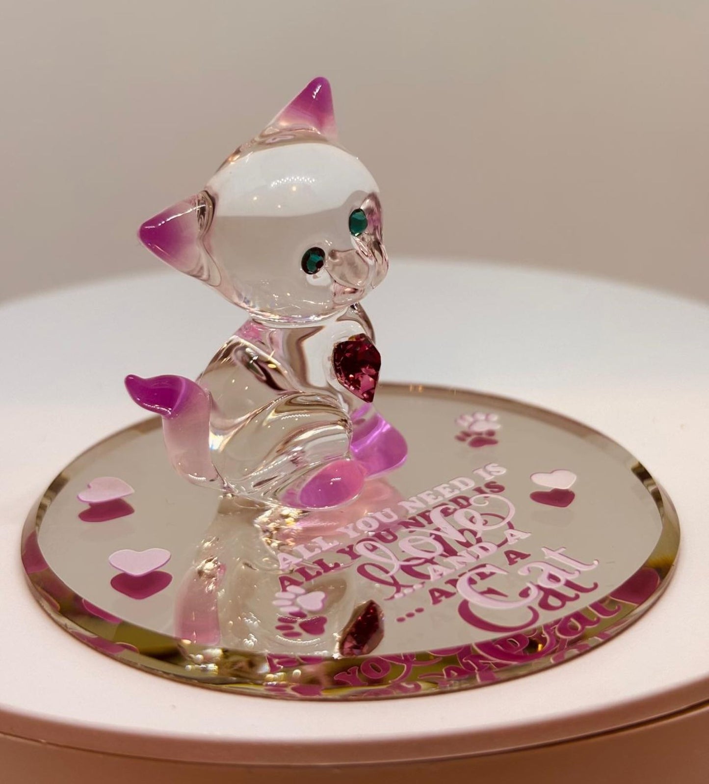 Love and a Cat Figurine Handcrafted Pink Cat with Heart Crystal