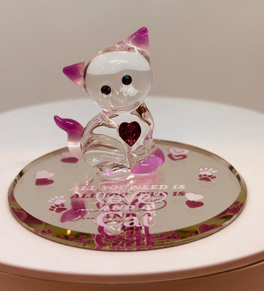Love and a Cat Figurine Handcrafted Pink Cat with Heart Crystal