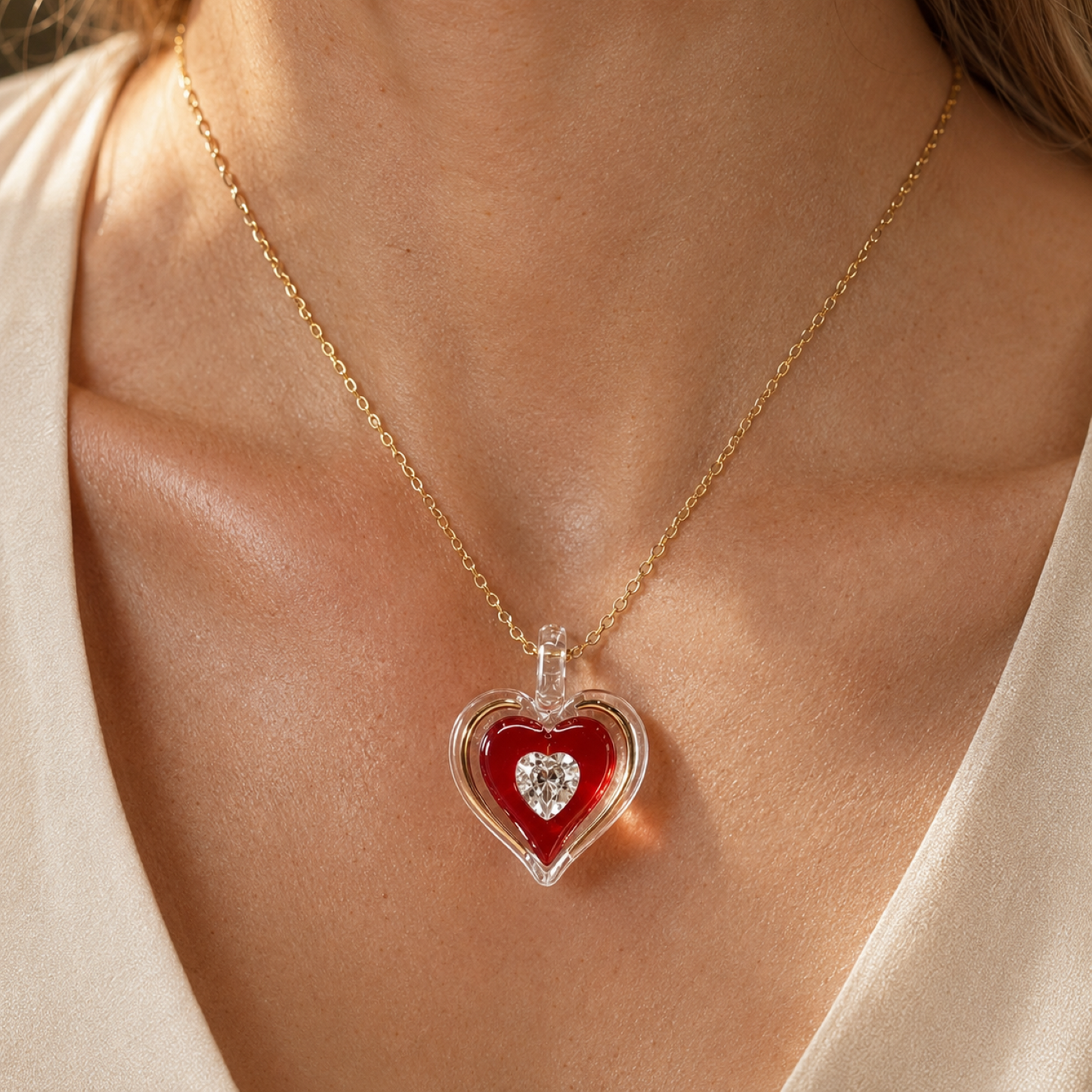 Red Heart Crystal Necklace – Handcrafted Glass Heart Pendant, Romantic Gift for Her