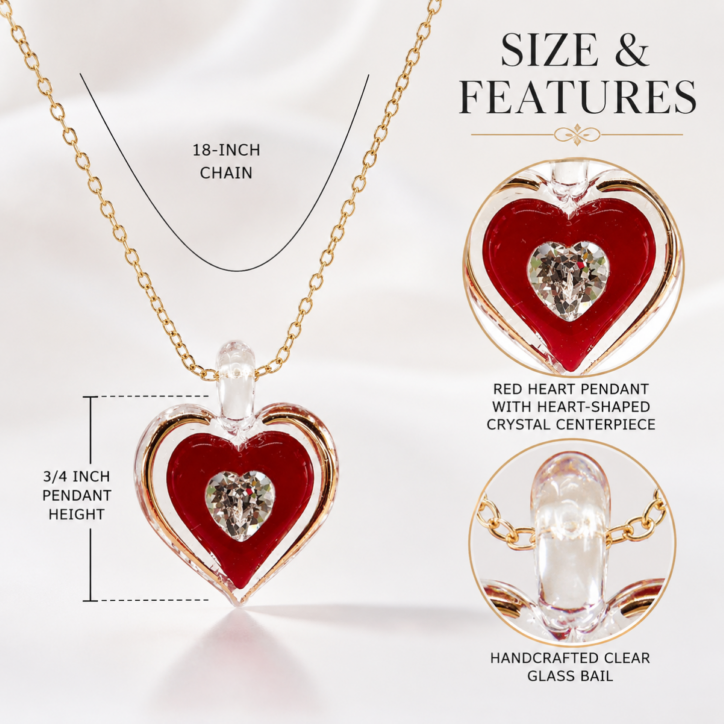 Red Heart Crystal Necklace – Handcrafted Glass Heart Pendant, Romantic Gift for Her