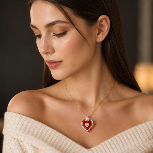 Handcrafted red glass heart pendant necklace with a Genuine Crystal center, Real 22Kt Gold accents, and an 18-inch chain.