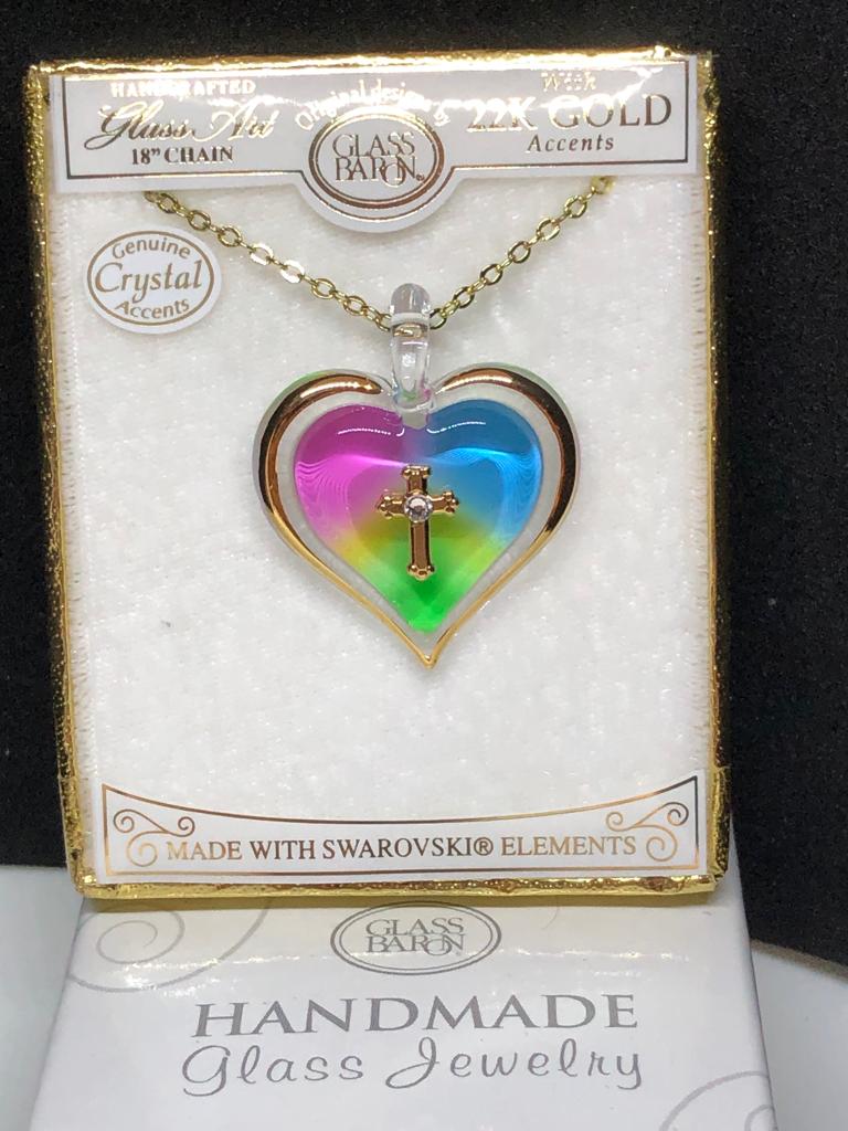 Glass Baron Necklace Rainbow Heart with Cross