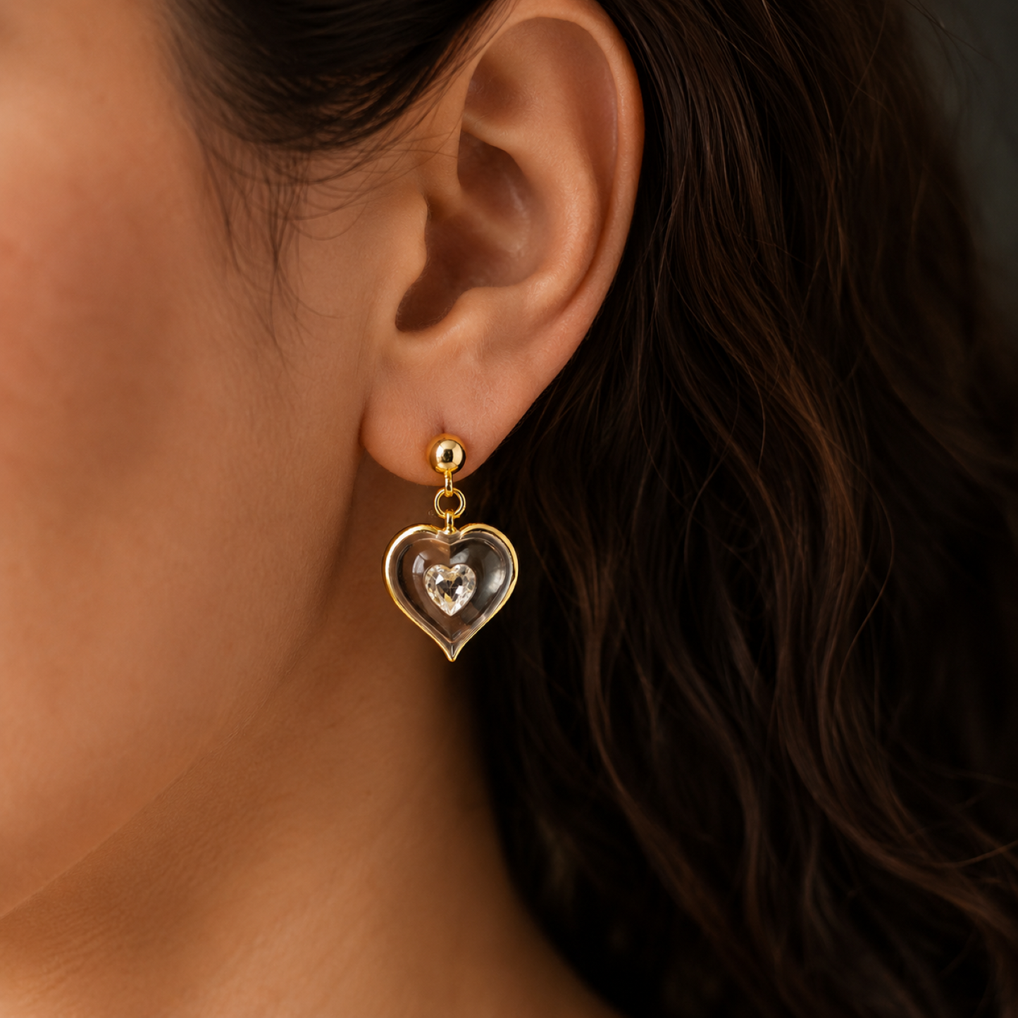 April Birthstone Heart Earrings – White Crystal Stud Earrings, Birthday Gift for Her