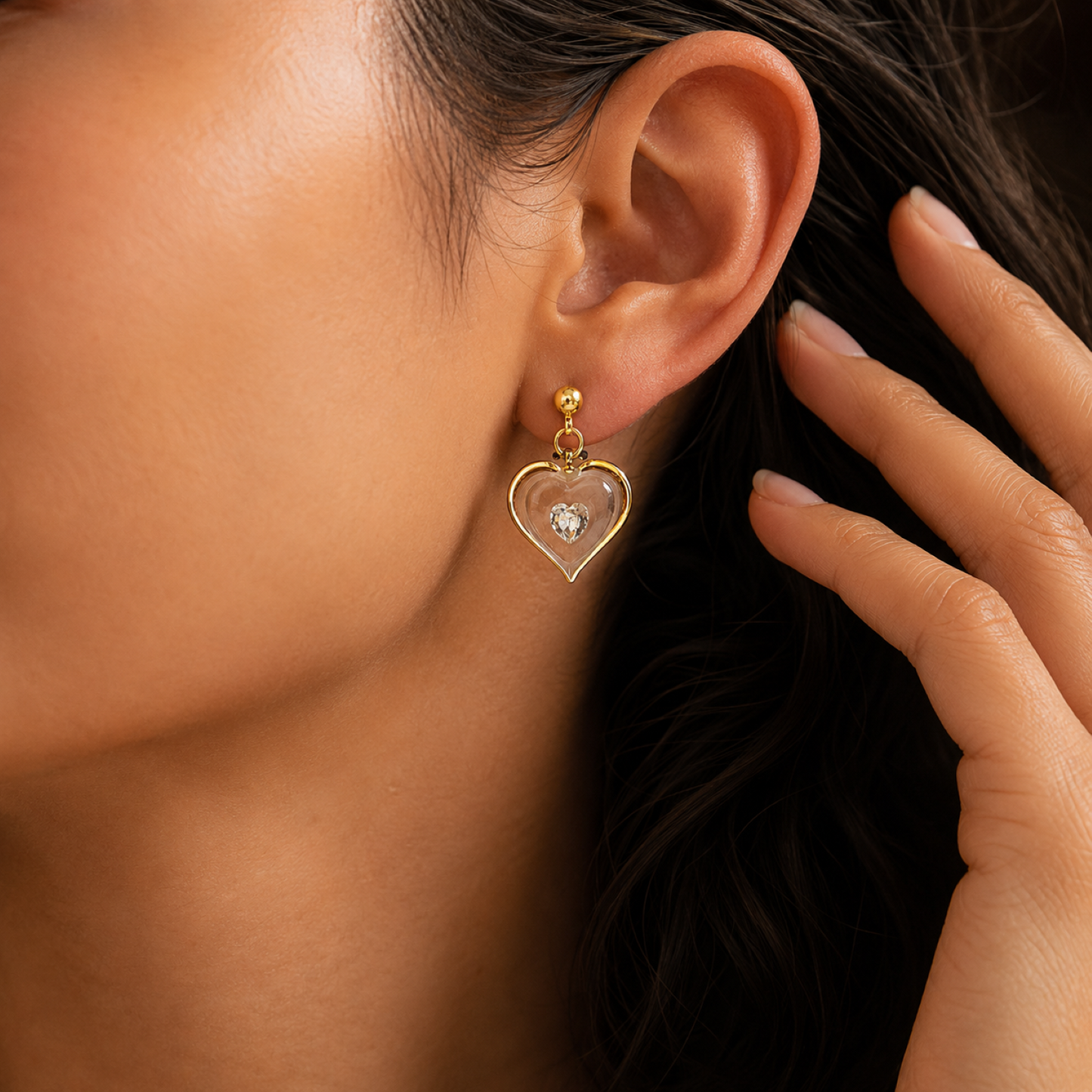 Handcrafted April birthstone heart stud earrings with white Genuine Crystals and Real 22Kt Gold accents.