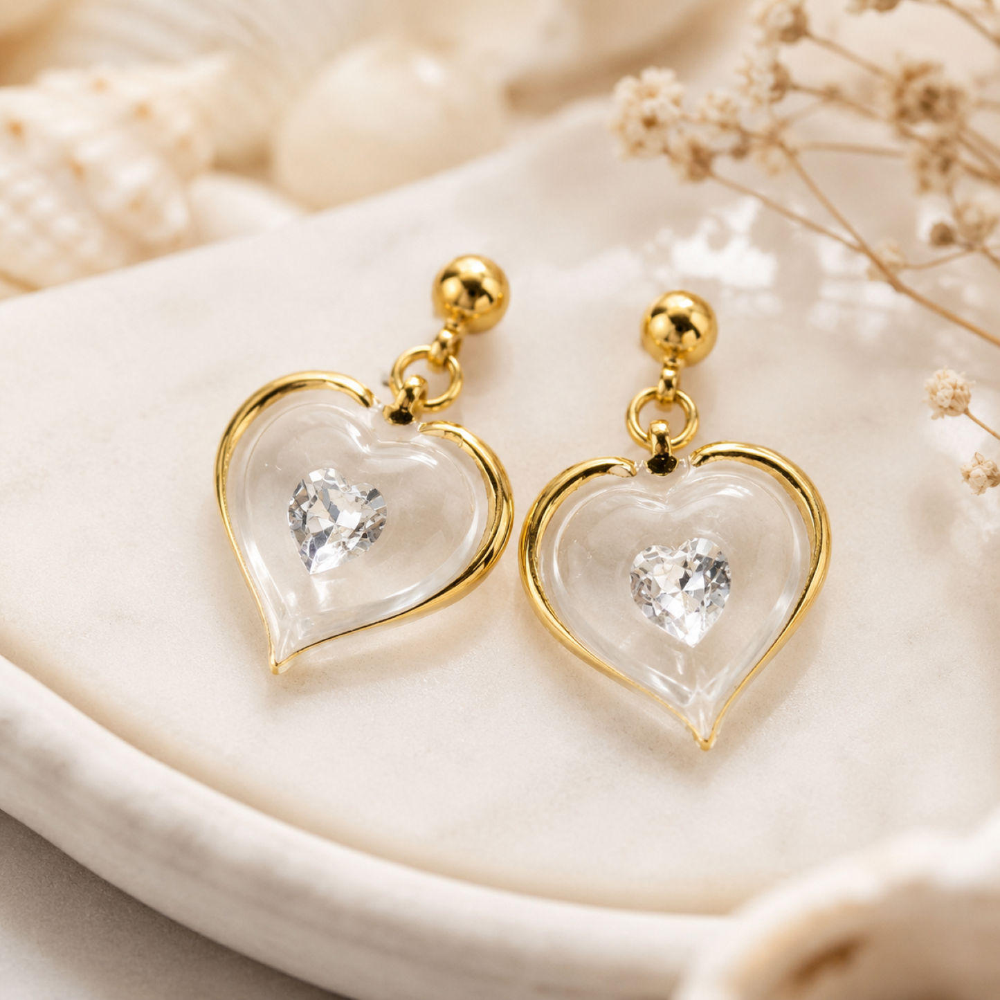 April Birthstone Heart Earrings – White Crystal Stud Earrings, Birthday Gift for Her